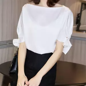 Camicia donna elegante raso seta plissettata manica corta blusa lucida top da lavoro - Foto 1 di 16
