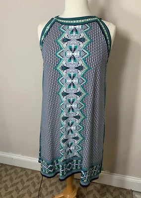 Vestido Max Studio Trapecio Pequeño Azul Marino Verde Geo Estampado Pullover Elástico Jersey Foto 1 de 4