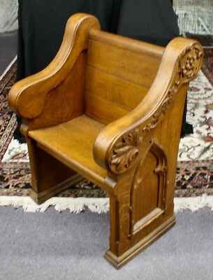 Church Chair / Pew / Bench. Solid Oak. Antique. Carved Gothic Arches & Foliate. - Image 1 of 4