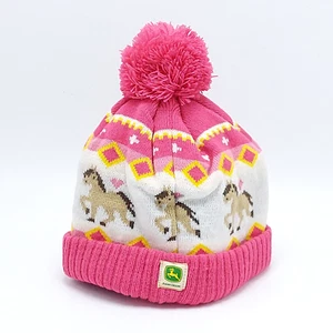 John Deere Girls Toddler One Size Beanie Hat Pom Cap Horses Pink Sherpa Lined - Picture 1 of 9