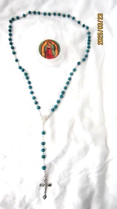 19" First Communion/First Confirmation Turquoise Round Rosary Beads Necklace-New - Picture 1 of 4