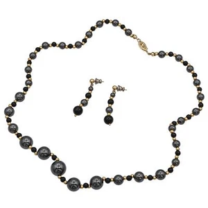 14K Yellow Gold Hematite Black Onyx Beaded Strand Necklace & Earrings Set - Picture 1 of 5