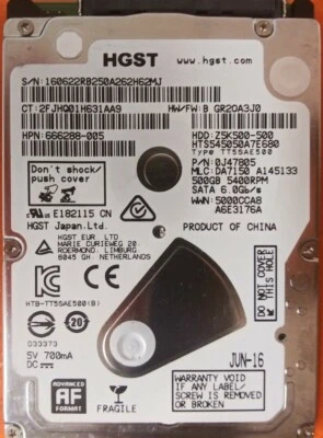 ⭐️⭐️⭐️⭐️⭐️ HDD Hard Drive SATA Laptop 2.5" HGST HTS545050A7E680 500GB 666288-005 - Image 1 of 3