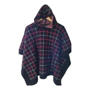 Tahari Black Red and White Window Pane Plaid Hooded Poncho Style Swtr One Size - Picture 1 of 4
