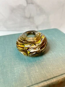 Vintage Paperweight Hand Blown Glass Hollow Center Small Art Glass Yellow Brown - Picture 1 of 6