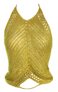Vintage 90s y2K Top Halter Crochet Knit Keyhole Belly Club 00s Tie Open Back S - Picture 1 of 7