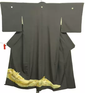 Kimono Tomesode japonés vintage poliéster tortuga negra cresta familiar altura 62 pulgadas - Imagen 1 de 23