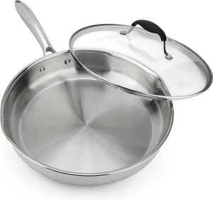10 Inch Tri-Ply Stainless Steel Frying Pan with Lid, Side Spouts, Induction P... - Picture 1 of 7