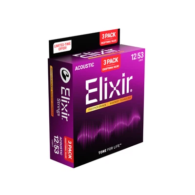 Elixir 16569 Nanoweb Corde per chitarra acustica bronzo fosforoso 12-53; confezione da 3 - Immagine 1 di 3
