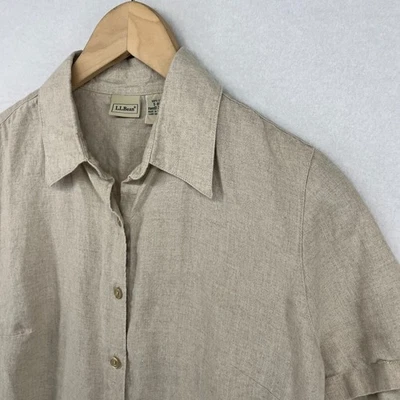 LL BEAN Shirt Womens S Washable Linen Button Up Short Sleeve Woven Beige - Image 1 of 4