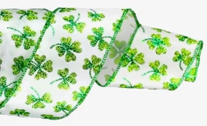 St. Patricks 2.5" by 2 yards Green Glittered Shamrocks White Satin Wired Ribbon - Picture 1 of 4