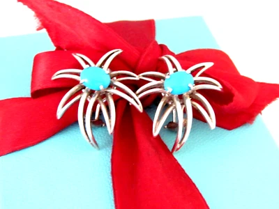 Auth Tiffany & Co. Silver Blue Turquoise Fireworks Sun Clip On Earrings - Image 1 of 4