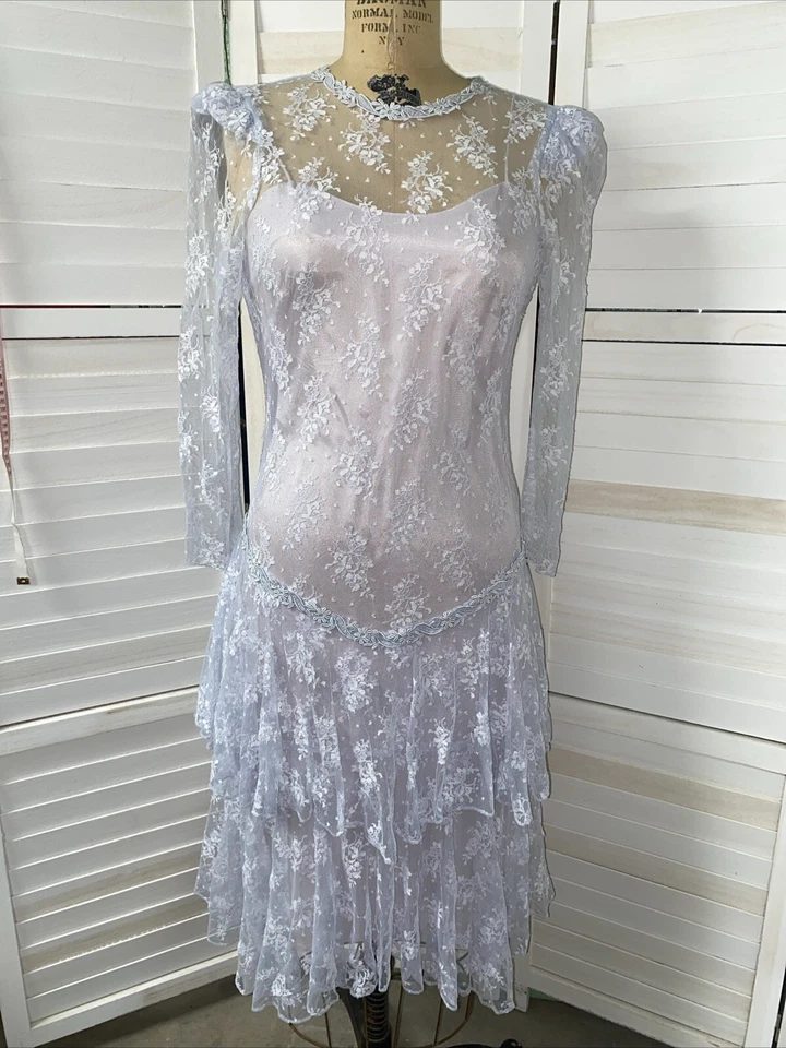 70s 80s Sheer Lace Dress Formal Over Pink Slip High Neck Light Blue Sz Small - Image 1 of 4
