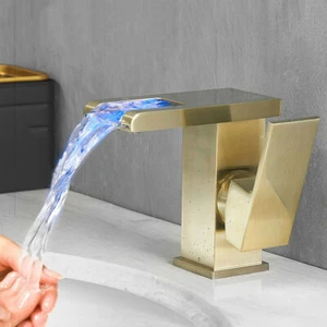 Grifo de baño de oro cepillado LED mezclador de agua grifos de latón de una sola manija - Imagen 1 de 8