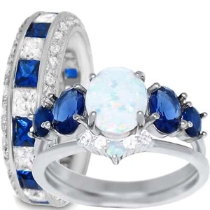 Lab Opal and CZ His Her Silver Wedding Engagement Ring Set for Men Women - Picture 1 of 5