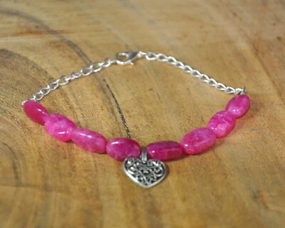 Pietra Naturale Rosa Giada Bracciale con Perline Filigrana Cuore Fascino, Silver - Immagine 1 di 3