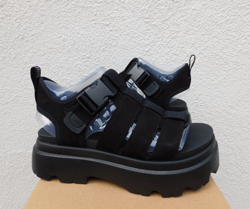 SANDALI CON PLATEAU UGG IN PELLE NERA CORA CINTURINO ALLA CAVIGLIA DONNA US 10 EUR 41 ~NUOVI CON SCATOLA