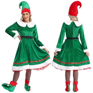 Women Elf Cosplay Costume Christmas Dress with Hat Shoes Belt Striped Socks Set - Picture 1 of 9