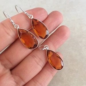 SET ORECCHINI PENDENTI PERA NATURALE ORO GIALLO CITRINO ARGENTO STERLING 925 HANDMA - Foto 1 di 5