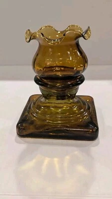 Vintage Yellow Amber Candle Holder Square Base Taper Votive Tealight  - Image 1 of 4