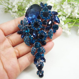 Woman Vintage Flower Cluster Long Pendant Brooch Pin Blue Rhinestone Crystal 