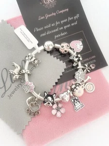 Linx Silver Snake Chain Bracelet with French Bulldog Frenchie Themed Charms - Picture 1 of 8