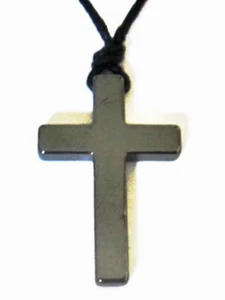 Mens CROSS NECKLACE BLACK STONE PENDANT ADJUSTABLE CORD ROPE JESUS CRUCIFIX BOY - Picture 1 of 3