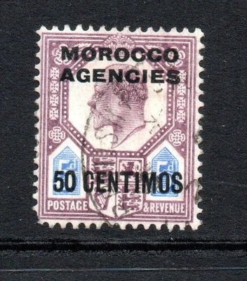 Marruecos Ag KEVII 1907-12 Surch 50c. on 5d púrpura opaco y ultramarino SG119 usado Foto 1 de 2