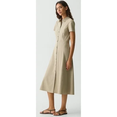 THEORY Midi Shirt Dress Womens Size 8 Good Crunch Soft Taupe Linen Casual Office - Image 1 of 4