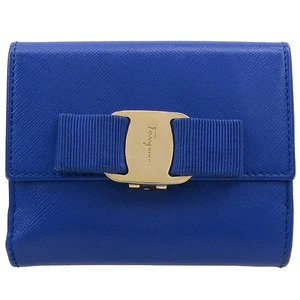 Ferragamo 22 A926 bloo Color Saffiano Leather Barra Decor Bifold Wallet - Picture 1 of 5