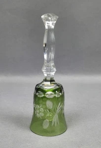Vintage Hortensja Poland Green Cut to Clear Floral Cut Glass Bell Clear Handle - Picture 1 of 9