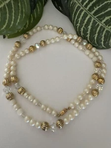 Vintage One Strand Faux White Pearl Necklace And Chrystal Beaded Glamorous - Picture 1 of 8