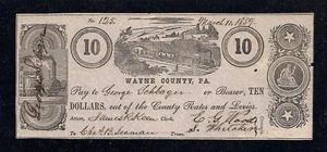 Billete obsoleto del condado de Wayne, Pensilvania, $10,00, 1859, Seated Liberty Vigne - Imagen 1 de 4