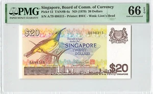 SINGAPORE 20 Dollars 1979, P-12 Bird Series, PMG 66 EPQ Gem UNC, Prefix A/79 - Picture 1 of 2