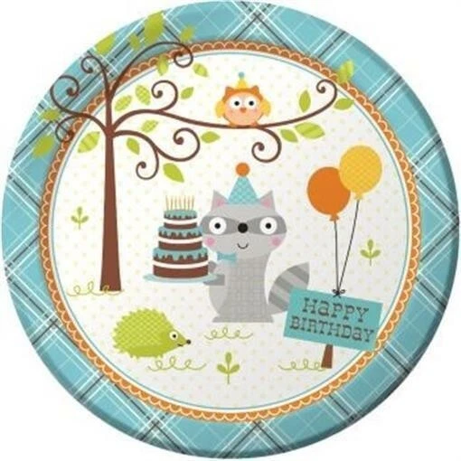Happy Woodland Boy 9 Inch Paper Plates 8 Pack Owl Raccoon Birthday Tableware - Image 1 of 1