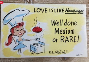 Woman Chef, In the Kitchen, Love Is Like Hamburger, Vintage Valentine, Postcard - Picture 1 of 2