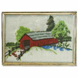 Rustic Folk Art Embroidered New England Covered Bridge Glassed Vintage Frame - Picture 1 of 5