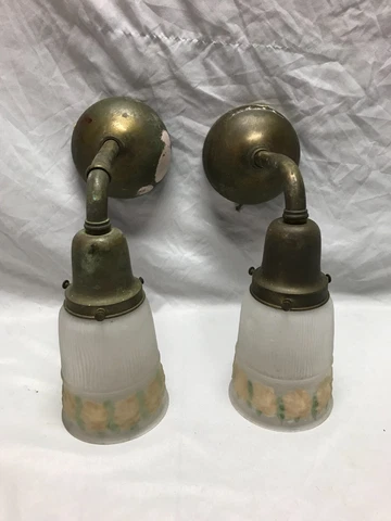 Pair Brass Wall Sconce Light Fixtures Frosted Hand Painted Glass VTG 1090-23B Cover