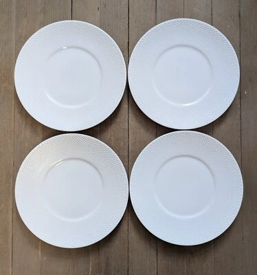 Crate & Barrel TAMIKO WHITE 9.25" Salad Plates White Emboss Dotted Rim SET OF 4 - Image 1 of 4