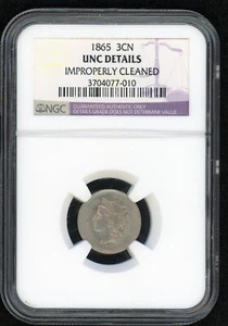 1865 3 Cent NGC UNC Details Imp Cleaned - Picture 1 of 2