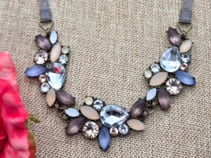 Loft Ribbon Chain Statement Necklace Blue & Purple Crystal & Lucite Beads 25.5" - Picture 1 of 7