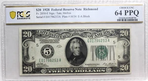1928 $20 Dollars FRN RICHMOND, Numerical Seal, PCGS 64 PPQ Fr 2050-E BEAUTIFUL - Picture 1 of 4