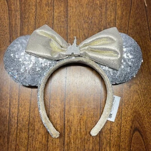 Disney Parks Minnie Ears Silver Sequins Headband with Gold Bow Diamond Castle - Picture 1 of 4