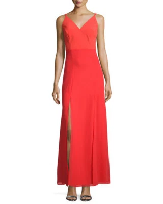 Phoebe ~ Vestido de Noche Rojo Georgette Tirantes Doble Ranura Línea A 8 NUEVO $398 Foto 1 de 3