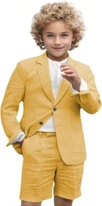 Boy Linen Suit Set 2 Pieces Blazer Short Pants Summer Outfit Wedding Ring Bearer - Picture 1 of 40