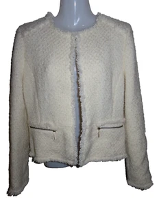 TED BAKER Cream Fringed Boucle Wool Jacket Size 4 Large L - Picture 1 of 5