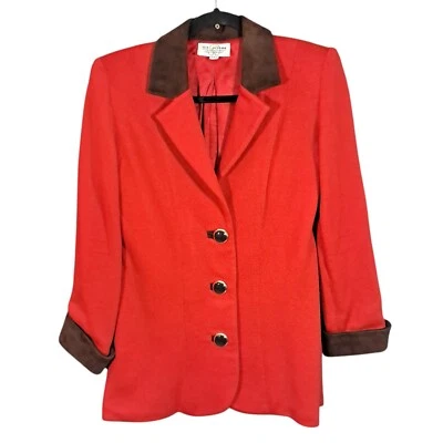 Vintage Red St John Knit Jacket Suede Collar Luxe Designer Equestrian USA Small - Image 1 of 4