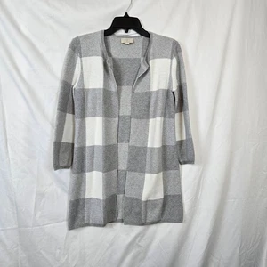 Loft Women's Gray White Checkered Open Front Long Oversized Cardigan S Petite - Picture 1 of 5