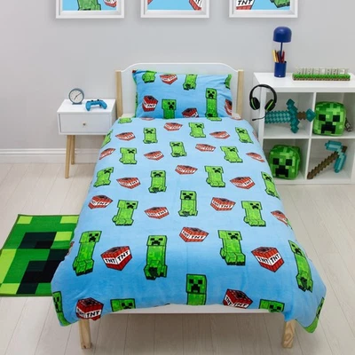 CHARACTER WORLD Minecraft Fleece Single Duvet Creepers Reversible Quilt Cover Set Blue Kids