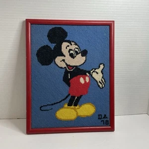 Disney Mickey Mouse Needlepoint with Red Frame 1978 Aprox 10”x12.5” Vintage Read - Picture 1 of 10